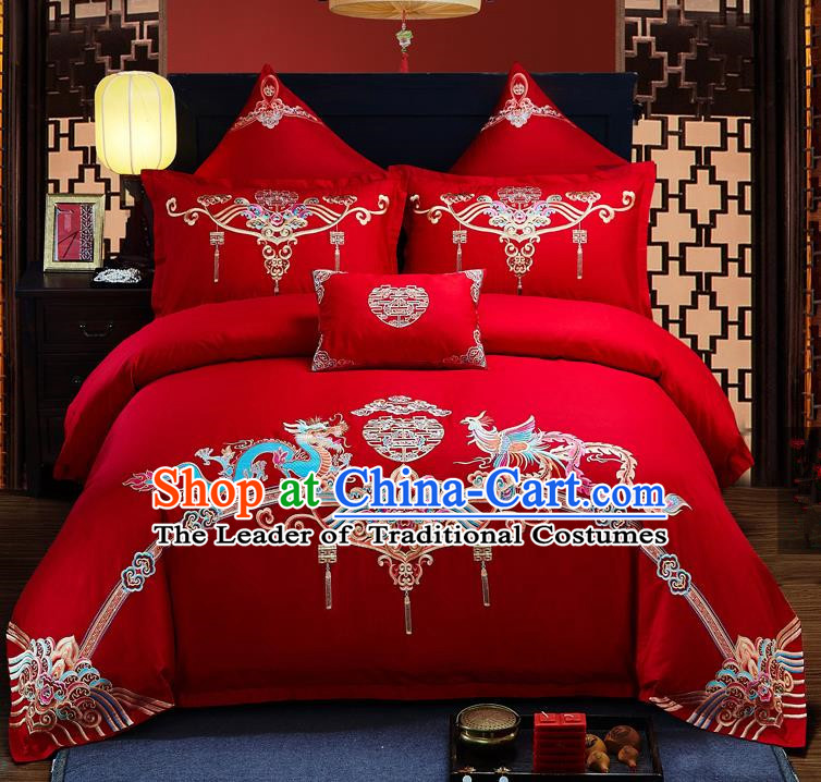 Traditional Chinese Style Wedding Bedding Set, China National Marriage Embroidery Dragon and Phoenix Red Textile Bedding Sheet Quilt Cover Seven-piece suit