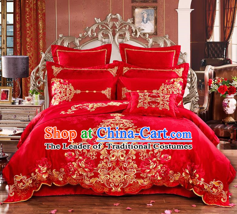 Traditional Chinese Style Marriage Bedding Set Embroidered Wedding Celebration Red Satin Drill Textile Bedding Sheet Quilt Cover Ten-piece Suit