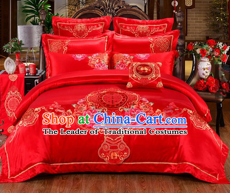 Traditional Chinese Style Marriage Embroidered Peony Bedding Set Wedding Celebration Red Satin Drill Textile Bedding Sheet Quilt Cover Ten-piece Suit