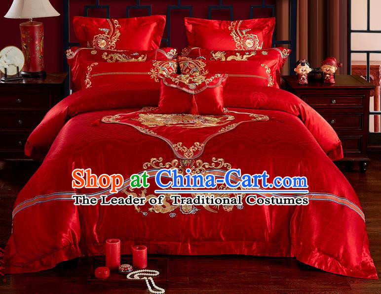 Traditional Chinese Style Marriage Embroidered Twin Bliss Bedclothes Set Wedding Celebration Red Satin Drill Textile Bedding Sheet Quilt Cover Ten-piece Suit