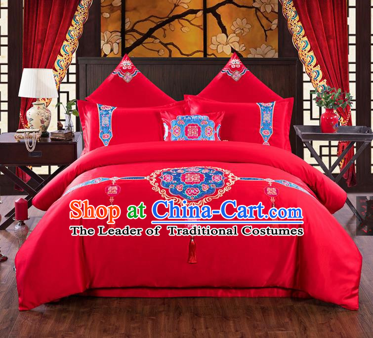 Traditional Chinese Style Marriage Bedding Set, China National Printing Wedding Red Textile Bedding Sheet Quilt Cover Seven-piece suit