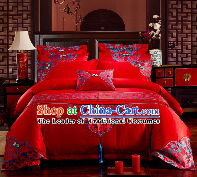 Traditional Chinese Style Marriage Bedding Set, China National Printing Wedding Red Textile Bedding Sheet Quilt Cover Seven-piece suit