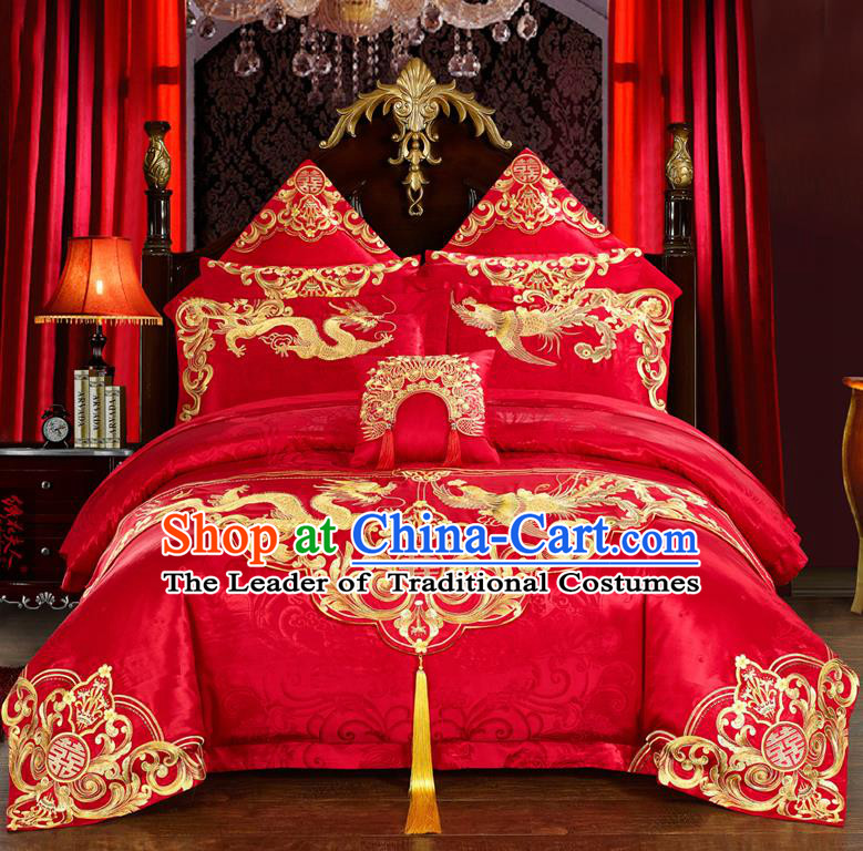 Traditional Chinese Style Marriage Bedding Set Printing Dragon and Phoenix Wedding Red Textile Bedding Sheet Quilt Cover 11-piece Suit