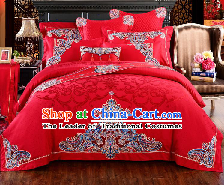 Traditional Chinese Style Marriage Bedding Set Embroidered Wedding Red Satin Drill Textile Bedding Sheet Quilt Cover Eight-piece Suit