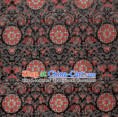 Chinese Royal Palace Traditional Costume Guanyin Flowers Pattern Black Satin Brocade Fabric, Chinese Ancient Clothing Drapery Hanfu Cheongsam Material