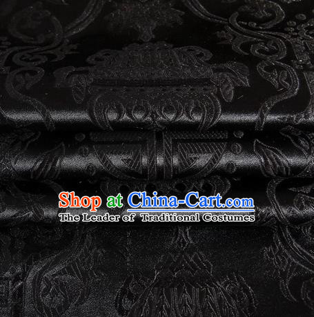 Chinese Traditional Costume Royal Palace Pattern Black Satin Brocade Fabric, Chinese Ancient Clothing Drapery Hanfu Cheongsam Material