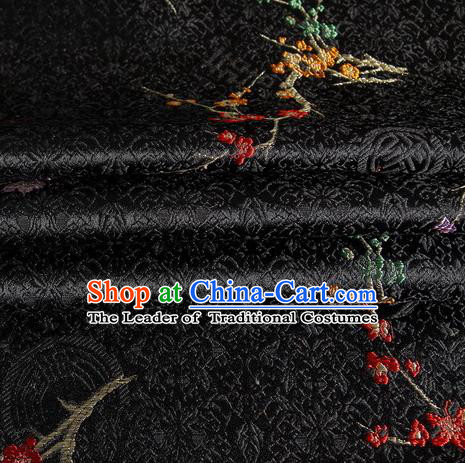 Chinese Traditional Costume Royal Palace Plum Blossom Pattern Black Satin Brocade Fabric, Chinese Ancient Clothing Drapery Hanfu Cheongsam Material