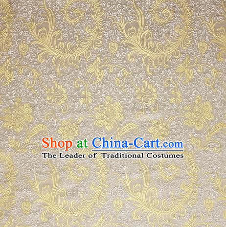 Chinese Traditional Costume Royal Palace Pteris Pattern White Satin Brocade Fabric, Chinese Ancient Clothing Drapery Hanfu Cheongsam Material