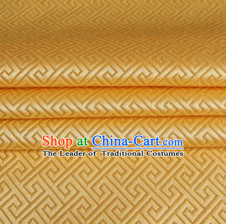 Chinese Traditional Costume Royal Palace Great Wall Pattern Golden Satin Brocade Fabric, Chinese Ancient Clothing Drapery Hanfu Cheongsam Material