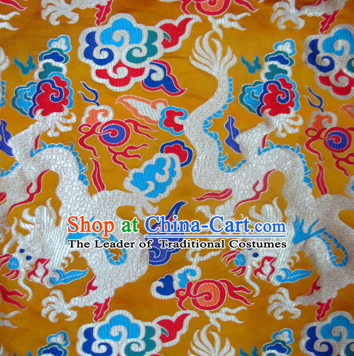 Chinese Traditional Costume Royal Palace Dragon Pattern Golden Satin Nanjing Brocade Fabric, Chinese Ancient Clothing Drapery Hanfu Cheongsam Material