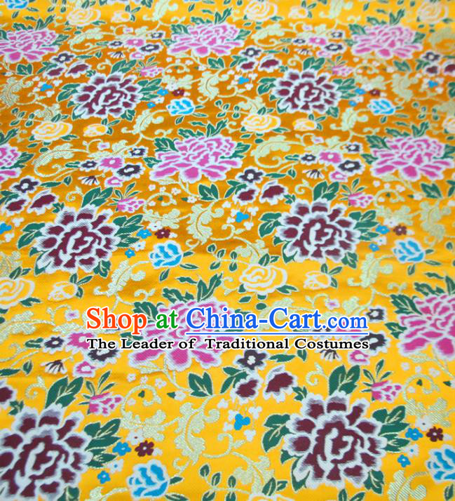 Chinese Traditional Costume Royal Palace Peony Pattern Yellow Satin Nanjing Brocade Fabric, Chinese Ancient Clothing Drapery Hanfu Cheongsam Material