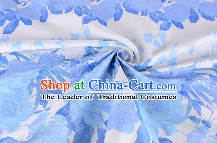 Chinese Traditional Costume Royal Palace Peony Pattern Blue Brocade Fabric, Chinese Ancient Clothing Drapery Hanfu Cheongsam Material