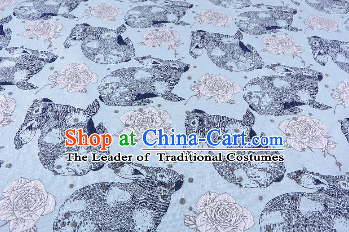 Chinese Traditional Costume Royal Palace Rabbit Flowers Pattern Blue Fabric, Chinese Ancient Clothing Drapery Hanfu Cheongsam Material