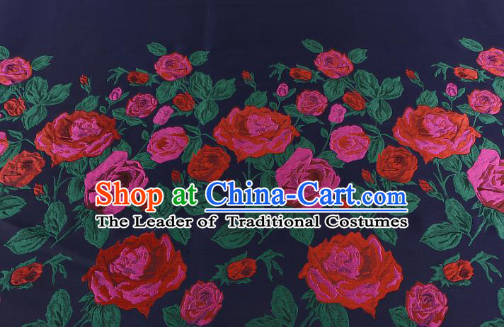 Chinese Traditional Costume Royal Palace Printing Rose Navy Brocade Fabric, Chinese Ancient Clothing Drapery Hanfu Cheongsam Material