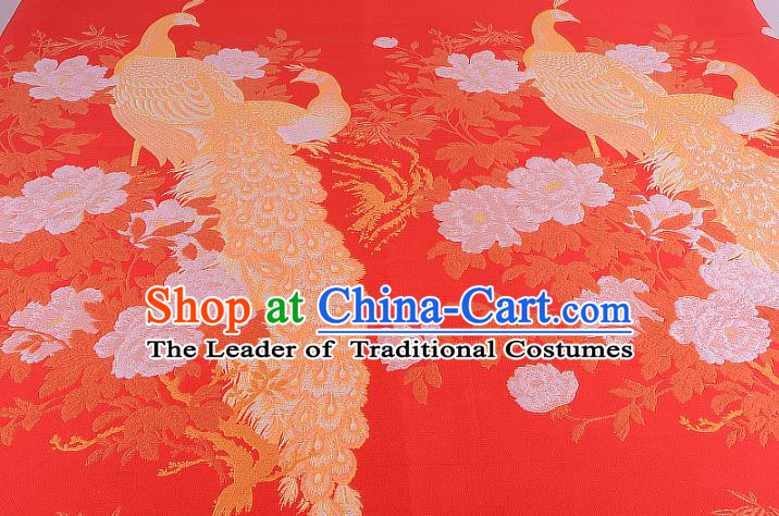 Chinese Traditional Costume Royal Palace Printing Peacock Peony Red Brocade Fabric, Chinese Ancient Clothing Drapery Hanfu Cheongsam Material