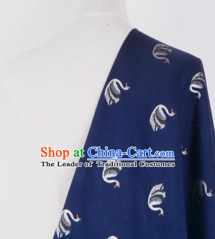 Chinese Traditional Costume Royal Palace Printing Swan Deep Blue Brocade Fabric, Chinese Ancient Clothing Drapery Hanfu Cheongsam Material