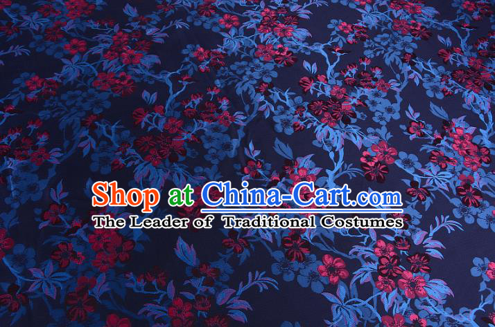 Chinese Traditional Costume Royal Palace Wintersweet Pattern Deep Blue Brocade Fabric, Chinese Ancient Clothing Drapery Hanfu Cheongsam Material