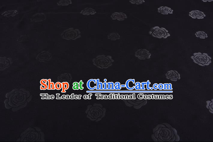 Chinese Traditional Costume Royal Palace Rose Pattern Black Satin Brocade Fabric, Chinese Ancient Clothing Drapery Hanfu Cheongsam Material