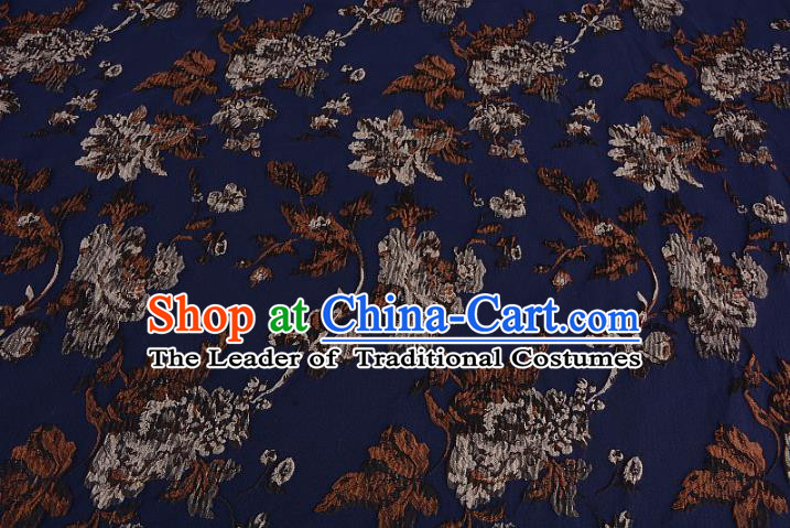 Chinese Traditional Costume Royal Palace Printing Flowers Dark Blue Satin Brocade Fabric, Chinese Ancient Clothing Drapery Hanfu Cheongsam Material