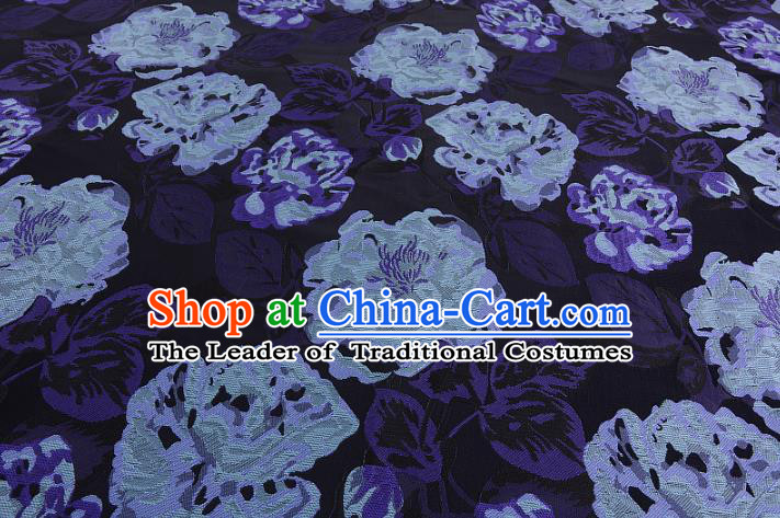 Chinese Traditional Costume Royal Palace Peony Pattern Navy Brocade Fabric, Chinese Ancient Clothing Drapery Hanfu Cheongsam Material