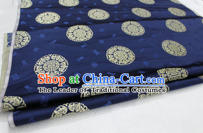 Chinese Traditional Royal Palace Longevity Pattern Mongolian Robe Navy Satin Brocade Fabric, Chinese Ancient Costume Drapery Hanfu Tang Suit Material