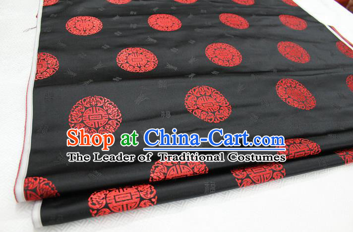 Chinese Traditional Royal Palace Longevity Pattern Mongolian Robe Black Satin Brocade Fabric, Chinese Ancient Costume Drapery Hanfu Tang Suit Material