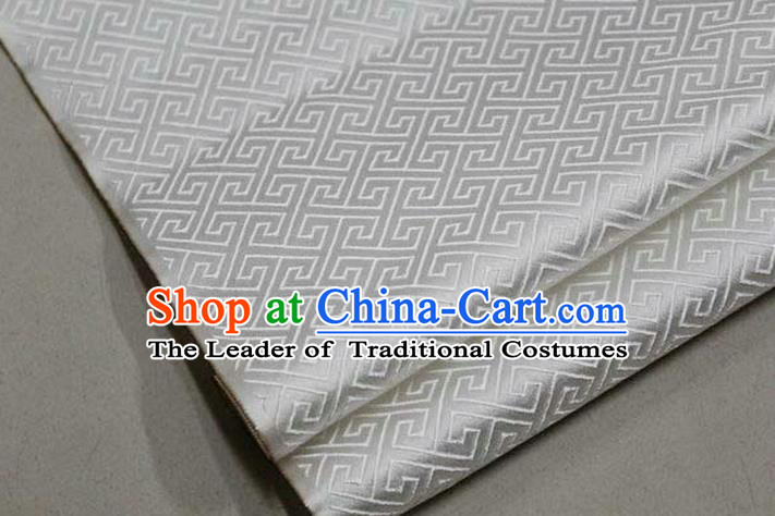 Chinese Traditional Royal Palace Back Pattern Mongolian Robe White Satin Brocade Fabric, Chinese Ancient Costume Drapery Hanfu Tang Suit Material