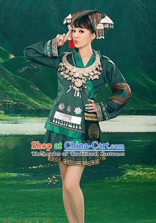 Traditional Chinese Miao Nationality Dancing Costume, Hmong Folk Dance Ethnic Pleated Skirt, Chinese Minority Tujia Nationality Embroidery Costume for Women