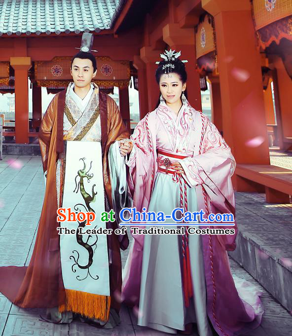 Traditional Ancient Chinese Imperial Consort and Emperor Costume Set, Elegant Hanfu Clothing Chinese Han Dynasty Imperial Queen and King Tailing Embroidered Clothing for Women for Men