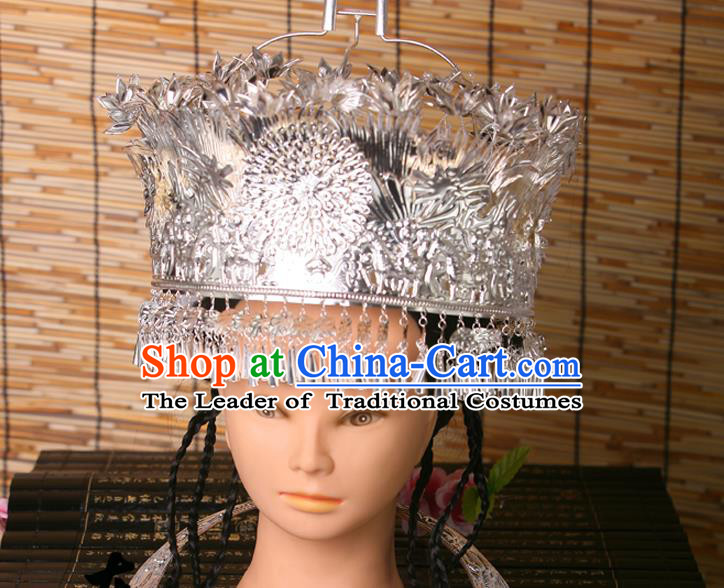 Traditional Chinese Miao Nationality Wedding Crown, Hmong Female Wedding Phoenix Silver Headwear for Women