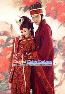 Traditional Ancient Chinese Imperial Emperess and Emperor Red Costume Complete Set, Chinese Han Dynasty Bride and Bridegroom Wedding Dress, Chinese Emperess Emperor Trailing Clothing for Women for Men