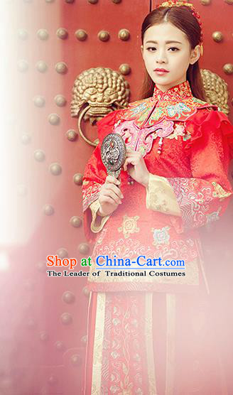 Traditional Ancient Chinese Costume Xiuhe Suits, Chinese Style Wedding Bride Dress, Restoring Ancient Women Red Longfeng Phoenix Flown, Bride Toast Cheongsam for Women