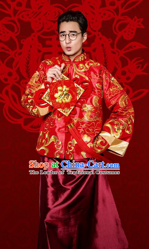 Traditional Ancient Chinese Costume Chinese Style Tang Suit Wedding Red Dress Ancient Long Dragon and Phoenix Flown Mandarin Jacket Groom Toast Clothing for Men