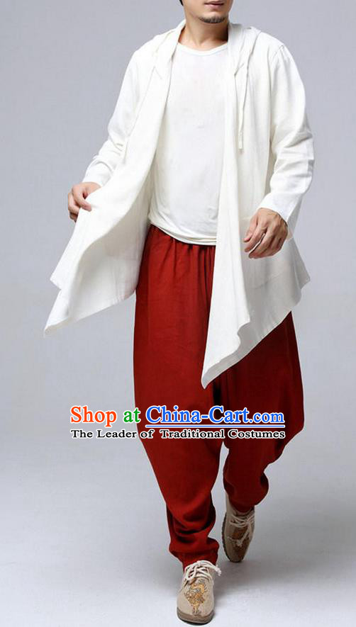 Top Chinese National Tang Suits Flax Frock Costume, Martial Arts Kung Fu White Hooded Cardigan, Kung fu Plate Buttons Unlined Upper Garment, Chinese Taichi Dust Coats Wushu Clothing for Men