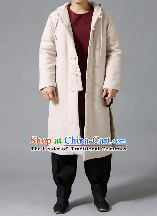 Top Chinese National Tang Suits Flax Frock Costume, Martial Arts Kung Fu Front Opening Beige Coats, Kung fu Plate Buttons Unlined Upper Garment Hooded Robes, Chinese Taichi Cotton-Padded Dust Coats Wushu Clothing for Men