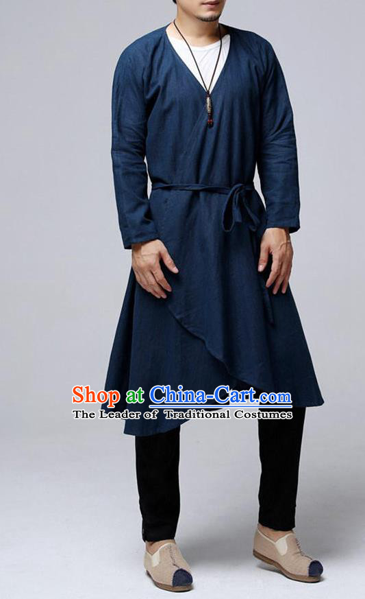 Traditional Top Chinese National Tang Suits Flax Frock Costume, Martial Arts Kung Fu Purplish Blue Cardigan, Kung fu Unlined Upper Garment, Chinese Taichi Dust Coats Wushu Clothing for Men