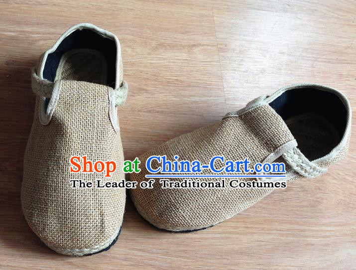 Traditional Top Chinese National Flax Frock Shoes, Martial Arts Kung Fu Straw Plaited Beige Shoes, Kung fu Chinese Taichi Shoes for Men