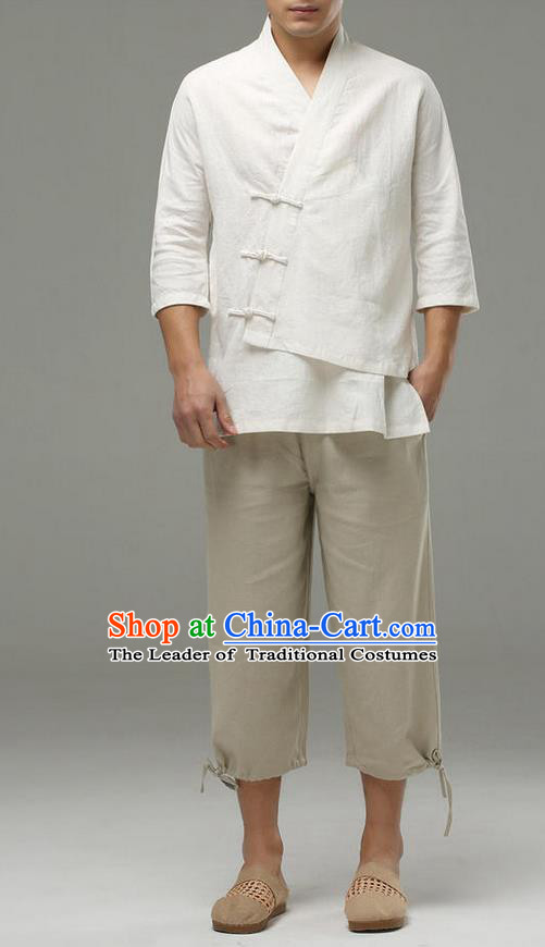 Traditional Top Chinese National Tang Suits Linen Frock Costume, Martial Arts Kung Fu Slant Opening Sleeve White Blouse, Kung fu Plate Buttons Unlined Upper Garment, Chinese Taichi Shirts Wushu Clothing for Men