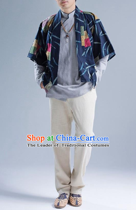 Traditional Top Chinese National Tang Suits Linen Frock Costume, Martial Arts Kung Fu Printing Blue Cardigan, Kung fu Thin Upper Outer Garment, Chinese Taichi Thin Coats Wushu Clothing for Men