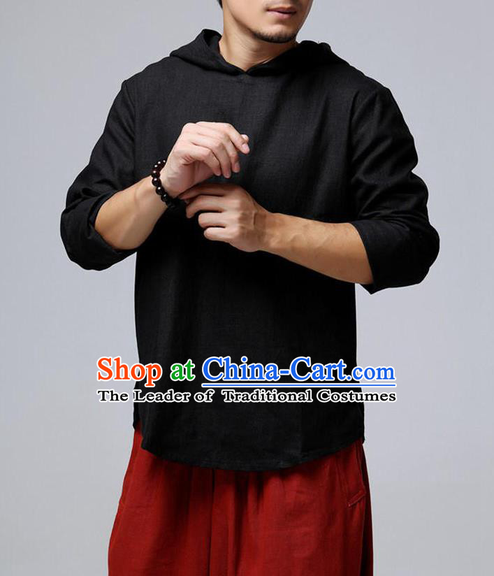 Traditional Top Chinese National Tang Suits Linen Frock Costume, Martial Arts Kung Fu Long Sleeve Black Hooded T-Shirt, Kung fu Upper Outer Garment, Chinese Taichi Shirts Wushu Clothing for Men