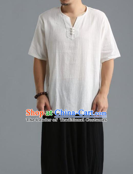 Traditional Top Chinese National Tang Suits Linen Frock Costume, Martial Arts Kung Fu Short Sleeve White T-Shirt, Kung fu Unlined Upper Garment, Chinese Taichi Shirts Wushu Clothing for Men