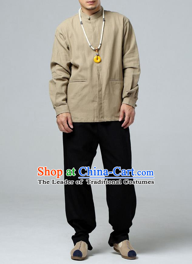 Traditional Top Chinese National Tang Suits Linen Frock Costume, Martial Arts Kung Fu Wheat Jacket Shirt, Kung fu Thin Upper Outer Garment Blouse, Chinese Taichi Thin Coats Wushu Clothing for Men