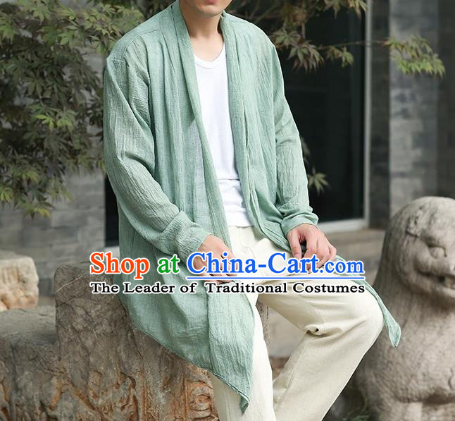 Traditional Top Chinese National Tang Suits Cotton Costume, Martial Arts Kung Fu Green Cardigan, Kung fu Thin Upper Outer Garment Jacket, Chinese Taichi Thin Coats Wushu Clothing for Men