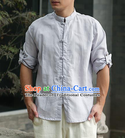 Traditional Top Chinese National Tang Suits Linen Frock Costume, Martial Arts Kung Fu Stand Collar Blue Shirt, Kung fu Plate Buttons Thin Upper Outer Garment Blouse, Chinese Taichi Thin Shirts Wushu Clothing for Men