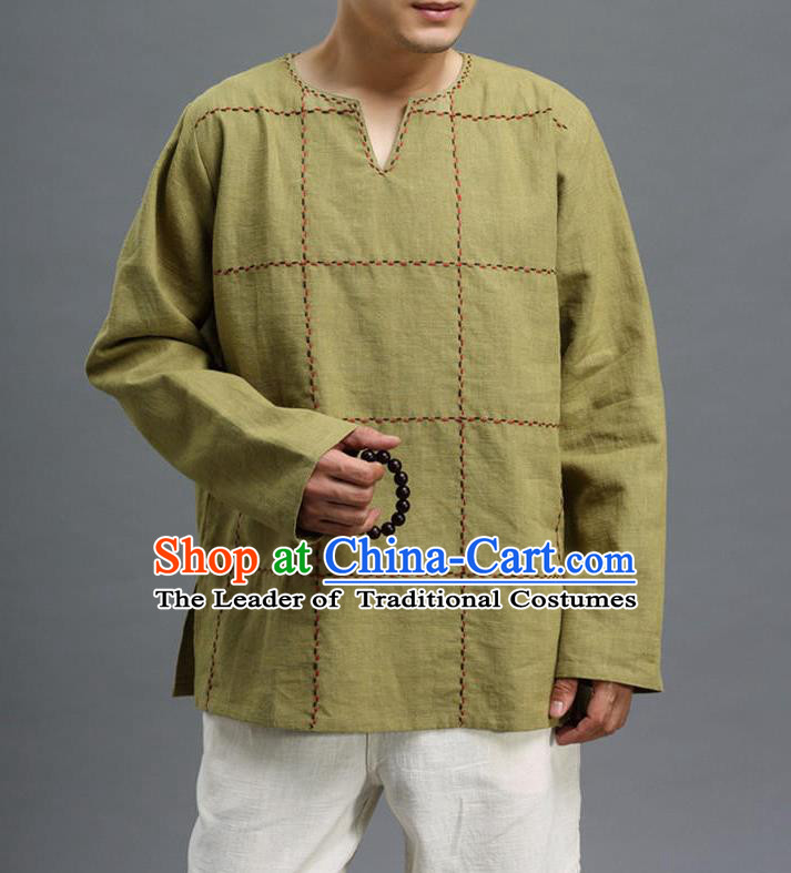 Traditional Top Chinese National Tang Suits Linen Costume, Martial Arts Kung Fu Embroidery Threads Long Sleeve Green T-Shirt, Chinese Kung fu Upper Outer Garment Blouse, Chinese Taichi Thin Shirts Wushu Clothing for Men