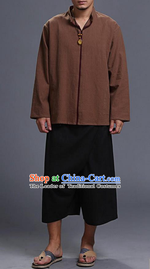 Traditional Top Chinese National Tang Suits Linen Costume, Martial Arts Kung Fu Stand Collar Long Sleeve Brown Overcoat, Chinese Kung fu Upper Outer Garment Blouse, Chinese Taichi Thin Shirts Wushu Clothing for Men