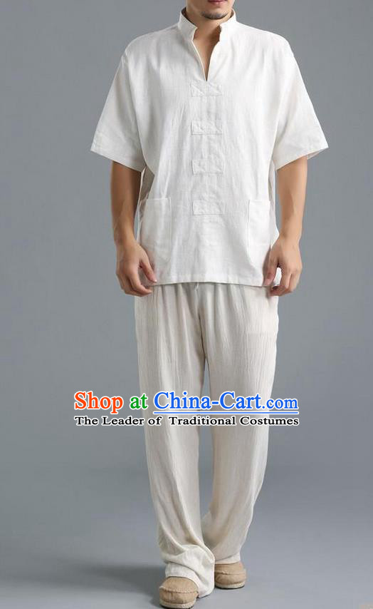 Traditional Top Chinese National Tang Suits Linen Costume, Martial Arts Kung Fu Short Sleeve White Shirt, Chinese Kung fu Upper Outer Garment Blouse, Chinese Taichi Thin Shirts Wushu Clothing for Men