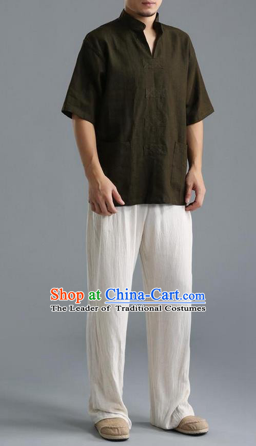 Traditional Top Chinese National Tang Suits Linen Costume, Martial Arts Kung Fu Short Sleeve Black Shirt, Chinese Kung fu Upper Outer Garment Blouse, Chinese Taichi Thin Shirts Wushu Clothing for Men