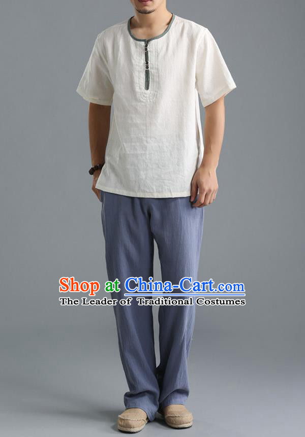 Traditional Top Chinese National Tang Suits Linen Costume, Martial Arts Kung Fu Short Sleeve White T-Shirt, Chinese Kung fu Upper Outer Garment Blouse, Chinese Taichi Thin Shirts Wushu Clothing for Men