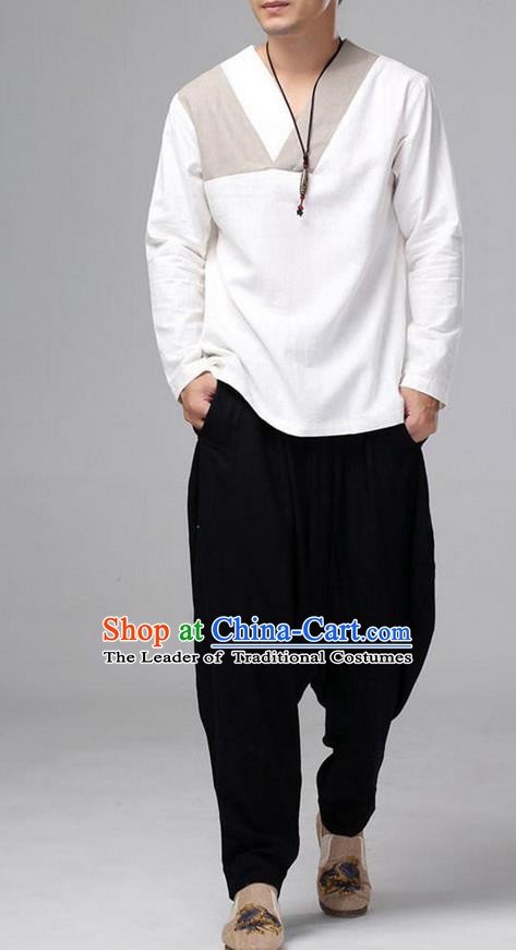 Traditional Top Chinese National Tang Suits Linen Costume, Martial Arts Kung Fu Long Sleeve White T-Shirt, Chinese Kung fu Upper Outer Garment Blouse, Chinese Taichi Shirts Wushu Clothing for Men